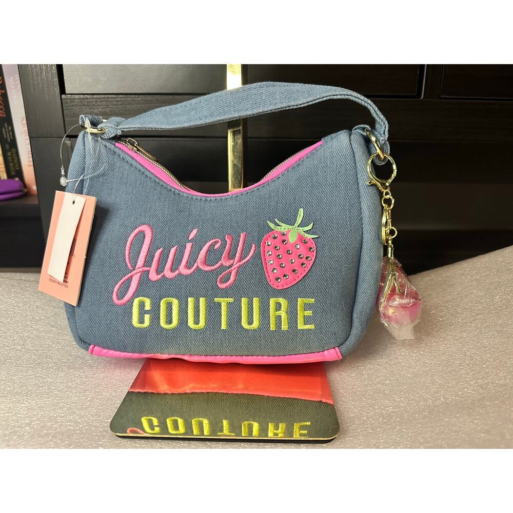 NWT Juicy Couture Kids Strawberry Denim Mini Shoulder Bag Y2K Rhinestone Purse - Picture 1 of 6